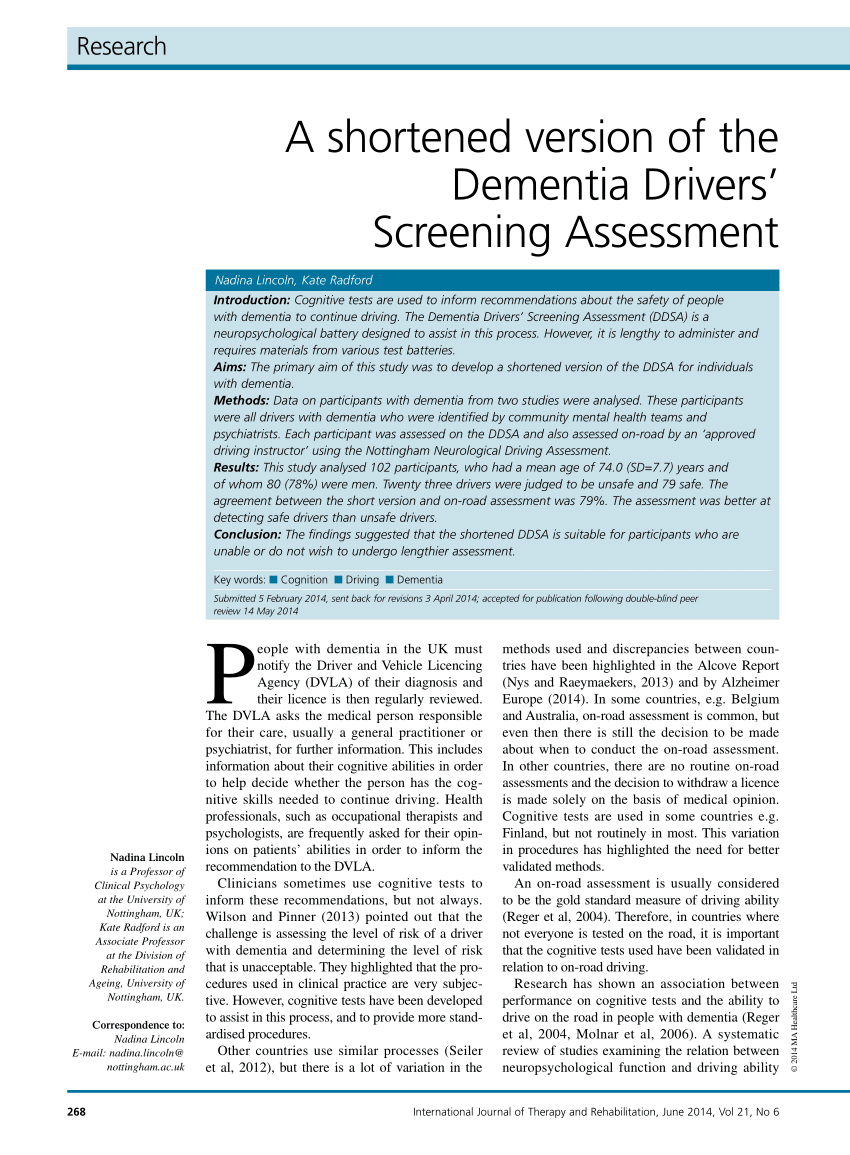 (PDF) A shortened version of the Dementia Driversâ Screening Assessment